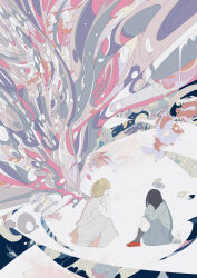  2girls absurdres black_hair black_socks blonde_hair closed_eyes commentary dress hands_on_own_face hato_(n_hat_mu) highres long_sleeves multiple_girls original shirt shoes short_hair short_sleeves sitting socks surreal valentine white_dress 