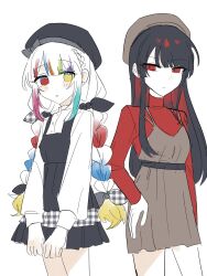  2girls alternate_costume beret black_dress black_hair black_hat bow brown_dress brown_hat colored_tips commentary_request cowboy_shot dress hair_bow hat heterochromia highres jogasaki_noah long_hair long_sleeves looking_at_viewer mahou_shoujo_no_majo_saiban multi-tied_hair multicolored_hair multiple_girls nikaido_hiro off-shoulder_dress off_shoulder plaid_bow red_eyes red_shirt ribbon sabi_kkr shirt simple_background streaked_hair unmoving_pattern white_background white_hair white_shirt yellow_eyes 