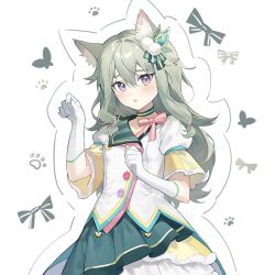  >_< 1girl :d :o animal_ears blush bow bug butterfly cat_ears collar commentary fur_trim gloves green_hair hair_ornament highres kusanagi_nene layered_skirt long_hair looking_at_viewer makka_potato official_alternate_costume open_mouth outline paw_pose paw_print project_sekai short_sleeves sidelocks simple_background skirt smile solo standing tsurime untranslatable_commentary violet_eyes white_gloves white_skirt xd 