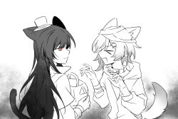  >_< 2girls animal_ears bandaged_hand bandages black_hair cat_ears cat_tail choker closed_eyes closed_mouth commentary_request dog_tail fang gradient_hair hair_ornament hat highres holding holding_pumpkin kemonomimi_mode long_sleeves looking_at_another mahou_shoujo_no_majo_saiban mini_hat mini_top_hat multicolored_hair multiple_girls nikaido_hiro open_mouth partially_colored puffy_sleeves pumpkin red_eyes sakuraba_ema shirt tail top_hat touming_jun x_hair_ornament 