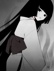  1girl absurdres black_eyes black_hair blunt_bangs breasts commentary_request eyeliner fate/grand_order fate_(series) greyscale highres japanese_clothes kimono komahime_(fate) long_hair long_sleeves looking_at_viewer looking_back makeup monochrome sash small_breasts smile solo spot_color very_long_hair wagu_neru wide_sleeves 