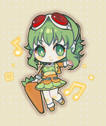  1girl absurdres blush blush_stickers bright_pupils carrot chibi chibi_only closed_mouth commentary_request eyelashes full_body goggles goggles_on_head green_eyes green_hair gumi highres jacket long_sleeves midriff musical_note navel open_clothes open_jacket orange_jacket orange_shoes outline oversized_food oversized_object polka_dot polka_dot_background red-tinted_eyewear shoes smile solo split_mouth sunoom09 tinted_eyewear two-tone_skirt vocaloid white_pupils 