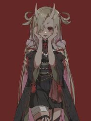  1girl black_kimono blonde_hair commentary_request detached_sleeves hair_over_one_eye hands_on_own_cheeks hands_on_own_face highres horns idolmaster idolmaster_cinderella_girls japanese_clothes kabocha_don kimono long_hair looking_at_viewer oni red_eyes shirasaka_koume skin-covered_horns smile solo very_long_hair 