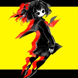  1girl amemori_sayo amemori_sayo_(1st_costume) black_pantyhose black_sailor_collar black_serafuku black_shirt black_shoes black_skirt closed_mouth commentary_request drop_shadow empty_eyes from_behind full_body hair_bobbles hair_ornament letterboxed limited_palette looking_at_viewer looking_back medium_hair miniskirt neckerchief nijisanji oshaka_(haguki) outside_border pantyhose pleated_skirt pointy_shoes red_neckerchief sailor_collar school_uniform serafuku shirt shoes simple_background sketch skirt sleeves_past_wrists smile solo turning_head virtual_youtuber yellow_background 
