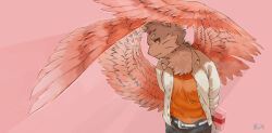  1boy animal_ears arms_behind_back artist_name black_pants box cat_boy cat_ears closed_mouth commentary feathered_wings furry furry_male gift gift_box highres holding holding_gift kun_blackcat looking_at_viewer male_focus open_clothes open_shirt orange_shirt pants pink_background profile shirt sitri_(housamo) tokyo_afterschool_summoners whiskers white_shirt wings 