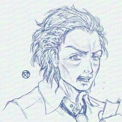  1boy bolo_tie collared_shirt commentary_request holding holding_paper kyokugen_dasshutsu kyokugen_dasshutsu_adv:_zennin_shibou_desu male_focus monochrome old old_man open_mouth otogiku paper portrait shirt simple_background solo teeth tenmyouji_(kyokugen_dasshutsu) twitter_username upper_teeth_only watermark white_background wrinkled_skin 