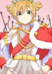  1girl aiguillette belt belt_buckle blonde_hair blush bow_(weapon) buckle closed_mouth commentary cowboy_shot daiba_nana epaulettes fur-trimmed_jacket fur_trim gradient_background green_eyes green_ribbon grey_skirt hair_between_eyes hair_ribbon hands_on_own_hips highres jacket jacket_on_shoulders long_sleeves looking_at_viewer mace miniskirt mono9ron pink_background planted planted_sword pleated_skirt rapier red_jacket red_sash ribbon sash short_hair short_twintails shoujo_kageki_revue_starlight shoulder_sash single_horizontal_stripe skirt smile solo standing striped_clothes striped_skirt sword twintails weapon white_jacket yellow_belt 