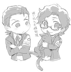  2boys :3 animal blush cat commentary_request cropped_torso crossed_arms dress_shirt gekkoukan_high_school_uniform greyscale hair_slicked_back hiraga_keisuke holding holding_animal holding_cat isa_(peien516) jacket looking_at_animal looking_at_viewer male_focus monochrome multiple_boys neck_ribbon odagiri_hidetoshi persona persona_3 rectangular_eyewear ribbon s.e.e.s school_uniform semi-rimless_eyewear shirt short_hair simple_background translation_request under-rim_eyewear white_background 