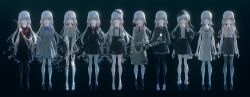 6+girls absurdres alternate_costume barefoot black_background black_hoodie black_necktie black_serafuku black_shirt black_skirt black_thighhighs blazer blood blood_on_clothes blood_splatter chainsaw collared_shirt commentary_request crossbow dress expressionless grey_eyes grey_serafuku hair_over_one_eye hat heterochromia highres holding holding_chainsaw holding_crossbow holding_lead_pipe holding_rope holding_scissors holding_shovel holding_syringe holding_weapon hood hood_up hoodie ima_sugu_rinne_(vocaloid) isekaijoucho isekaijoucho_(artist) jacket kama_(weapon) kamitsubaki_studio kneehighs lead_pipe lineup loafers long_hair looking_at_viewer loose_socks multicolored_hair multiple_girls multiple_persona nata_(tool) neck_ribbon neckerchief necktie noose pinafore_dress pleated_skirt red_eyes red_neckerchief ribbon rope sailor_hat school_uniform scissors serafuku shirt shoes short_hair shovel sickle sidelighting simple_background skirt sleeveless sleeveless_dress sleeveless_shirt socks streaked_hair suspender_skirt suspenders syringe thigh-highs tilted_headwear two-handed weapon white_hair white_shirt 
