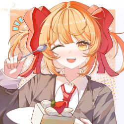  1girl blonde_hair blunt_bangs border bow cake cake_slice chinese_commentary collared_jacket collared_shirt commentary_request commission dot_nose eyelashes fingernails food fruit grey_jacket hair_bow hair_intakes halftone halftone_background happy highres holding holding_plate holding_spoon jacket lapels large_bow light_blush long_sleeves loose_hair_strand necktie notched_lapels notice_lines one_eye_closed open_mouth orange_background outline outside_border plate qianxiadanguohuakaishi259 red_bow red_necktie sample_watermark school_uniform seiyo_academy_school_uniform shirt short_hair short_twintails shugo_chara! sidelocks sleeve_cuffs smile solo sparkle spoon strawberry strawberry_shortcake teeth twintails upper_body upper_teeth_only watermark white_border white_outline white_shirt yellow_eyes yuiki_yaya 
