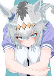  1girl absurdres ahoge animal_ears blue_eyes blush bokkehebkbk closed_mouth commentary_request ear_ornament from_above grey_hair grey_tail hair_between_eyes hair_ornament hairband highres horse_ears horse_girl horse_tail hugging_own_legs long_hair looking_at_viewer multicolored_hair oguri_cap_(umamusume) puffy_short_sleeves puffy_sleeves purple_shirt sailor_collar sailor_shirt school_uniform shirt short_sleeves skirt smile solo tail thigh-highs tracen_school_uniform umamusume white_sailor_collar white_thighhighs 