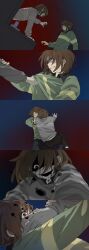  2others absurdres black_eyes brown_hair chinese_commentary commentary_request covering_another's_mouth deltarune green_sweater grey_sweater heart heart-shaped_pupils highres kris_(deltarune) multiple_others partial_commentary red_eyes red_pupils short_hair single_horizontal_stripe smile sweater symbol-shaped_pupils utdr_(toby_fox) vessel_(deltarune) yunlin_e 