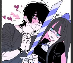  1boy 1girl angry aqua_eyes arrow_(symbol) art_program_in_frame bakedgyul biting_own_lip black_dress black_hair black_nails black_shirt blunt_bangs blush bow bracelet breasts clenched_teeth clip_studio_paint clip_studio_paint_(medium) collared_dress colored_inner_hair commentary_request cross_tie disgust dress ear_blush earrings emo_fashion hair_bow hair_over_one_eye heart heart-shaped_pupils hetero highres holding holding_sword holding_weapon hoop_earrings interlocked_fingers jewelry juliet_sleeves korean_commentary leaning_back leaning_on_person long_hair long_sleeves looking_at_another loose_hair_strand medium_breasts multicolored_eyes multicolored_hair multiple_bracelets multiple_earrings necklace oc_x_canon one_eye_covered original own_hands_together panty_&amp;_stocking_with_garterbelt pink_eyes pink_hair pink_streaks puffy_sleeves purple_bow purple_cross_tie ringed_eyes sanpaku screenshot shirt simple_background spiked_bracelet spikes stocking_(psg) straight_hair streaked_hair stripe_i_&amp;_ii_(psg) sweat sword symbol-shaped_pupils t-shirt teeth two-tone_hair upper_body violet_eyes weapon white_background wing_collar yellow_pupils 