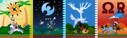  2boys 2girls absol absurdres alolan_exeggutor alternate_costume alternate_hair_color alternate_skin_color backpack bag baseball_cap black_boots black_hair black_hat black_shorts black_thighhighs blonde_hair blue_shoes boots brendan_(pokemon) brown_hair bubble bush closed_eyes closed_mouth commentary_request darkened_skin day elio_(pokemon) fennekin floating from_side green_background green_shoes handheld_game_console hat highres holding holding_handheld_game_console latios long_hair magnemite mega_ring mikesi_quan multiple_boys multiple_girls night nintendo_3ds on_head one-eyed open_mouth outdoors pokemon pokemon_(creature) pokemon_omega_ruby_and_alpha_sapphire pokemon_on_head pokemon_sun_and_moon pokemon_ultra_sun_and_ultra_moon pokemon_x_and_y ponytail popplio red_eyes red_shirt red_shorts red_skirt riding riding_pokemon rowlet running selene_(pokemon) serena_(pokemon) shirt shoes short_hair short_sleeves shorts skirt sky smile snivy star_(sky) starry_sky striped_clothes striped_shirt sun swampert thigh-highs translation_request two-tone_shirt white_hat xerneas z-ring 