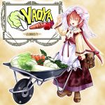  bad_id carrot daikon dress kanna_(plum) lettuce long_hair original ponytail red_hair redhead solo vegetable wheelbarrow 