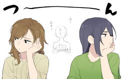  1other 2girls :/ :o alpha_(user_jxtj2385) angry black_eyes brown_hair brown_shirt closed_mouth commentary_request doodle_inset frown glass green_shirt hair_between_eyes hand_on_own_cheek hand_on_own_chin hand_on_own_face hand_up head_rest highres holding holding_tray long_hair looking_to_the_side multiple_girls no_eyes no_nose original parted_bangs shirt short_sleeves sideways_glance simple_background sweat translation_request tray turning_head upper_body v-shaped_eyebrows white_background 