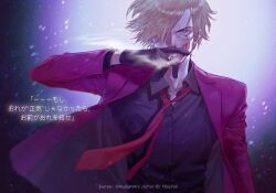  1boy black_gloves blonde_hair blue_eyes collared_shirt commentary curly_eyebrows gloves hair_over_one_eye highres male_focus mrs.custard necktie one_piece sanji_(one_piece) shirt short_hair solo suit translation_request 