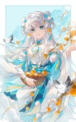  1girl absurdres artist_self-insert basket bird blue_eyes chinese_clothes chinese_commentary commentary_request detached_sleeves double_bun dress flower food fruit hair_bun hair_flower hair_ornament hair_rings highres holding long_hair long_sleeves open_mouth original persimmon persimmon_tree qianqian_yu snow solo white_hair 