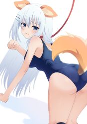  1girl animal_ears ass bent_over blue_eyes blue_hair blush commentary_request date_a_live dog_ears dog_tail from_behind hair_ornament hairclip highres lime_ill_10 long_hair looking_at_viewer one-piece_swimsuit over_shoulder paw_pose school_swimsuit solo standing sweat swimsuit tail thighs tobiichi_origami tobiichi_origamii 