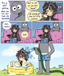  1girl 1other animal_ears bare_shoulders barefoot black_eyes black_jacket blue_one-piece_swimsuit blue_pants blue_shorts blue_sky brown_hair cat_ears cat_girl closed_eyes clouds collarbone colored_skin commentary controller couch crossed_legs door dot_nose english_commentary english_text fang grass hand_on_own_hip highres holding holding_controller holding_hose holding_remote_control hose indoors jacket laughing midriff mitsuko_tan multicolored_hair nina_(mitsuko_tan) one-piece_swimsuit open_mouth original outdoors pants remote_control shorts signature sky speech_bubble streaked_hair swimsuit wading_pool white_hair yellow_skin zipper 