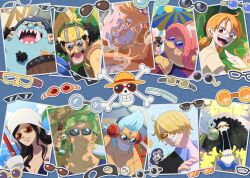  3girls 6+boys afro black_hair blue_hair blue_shirt bottle brook_(one_piece) cigarette commentary cup earrings facial_hair franky_(one_piece) gear_fifth goatee goggles hagoromo hair_over_one_eye hat headphones holding holding_bottle holding_cup jewelry jinbe_(one_piece) monkey_d._luffy multiple_boys multiple_girls nami_(one_piece) nefertari_vivi nico_robin one_piece orange_hair pink_hat pompadour roronoa_zoro sanji_(one_piece) scar scar_on_chest scar_on_face sergiromero sharp_teeth shawl shirt smile straw_hat_pirates sunglasses teeth tony_tony_chopper usopp 