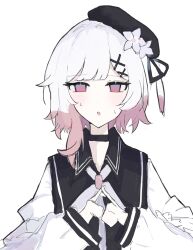  1girl beret black_choker black_coat black_hat choker coat collared_coat flower gradient_hair hair_flower hair_ornament hat hat_flower hat_ribbon highres kariusa21 long_sleeves looking_at_viewer mahou_shoujo_no_majo_saiban multicolored_hair neck_ribbon own_hands_together pink_eyes pink_hair ribbon sakuraba_ema shirt short_hair simple_background sleeveless sleeveless_coat solo straight-on upper_body white_background white_flower white_hair white_ribbon white_shirt white_sleeves x_hair_ornament 