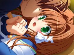  1boy 1girl brown_hair clover_point faceless faceless_male from_side game_asset green_eyes hair_intakes inamori_mahoshi indoors kiss kissing_cheek lying non-web_source official_art on_back on_floor open_mouth own_hands_together pushing_down surprised wide-eyed yuyi 
