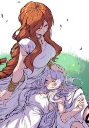  2girls absurdres bare_shoulders bracelet braid braided_ponytail choker closed_eyes closed_mouth dress elf falling_petals flamme_(sousou_no_frieren) frieren gold_bracelet gold_choker grass highres jesse_schickler jewelry long_hair mature_female multiple_girls orange_hair petals pointy_ears sleeveless sousou_no_frieren teardrop_necklace white_dress white_hair 