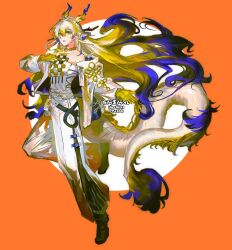  1girl arknights awaiaji bare_shoulders black_shoes blonde_hair blue_hair chinese_commentary colored_extremities commentary_request commission dragon_girl dragon_horns dragon_tail eastern_dragon_horns eastern_dragon_tail eyeliner floating_hair full_body grey_hair hair_between_eyes hair_intakes highres horns jewelry long_hair long_sleeves makeup multicolored_hair necklace orange_background orange_eyeliner pants pointy_ears shoes shu_(arknights) solo standing standing_on_one_leg strapless tail tube_top very_long_hair white_pants white_tube_top yellow_hands 