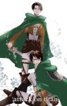  2boys 3dmg ascot belt black_eyes black_hair boots cape copyright_name eren_jaeger green_eyes highres jacket kumakazo19840616 levi_(shingeki_no_kyojin) multiple_boys shingeki_no_kyojin sword thigh_strap weapon 