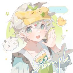  >_< 1boy :d animal blue_shirt border collarbone commission double-parted_bangs gradient_background green_background green_eyes grey_hair hair_between_eyes hand_up hat highres huolala_neiku_chaofan looking_at_viewer male_focus mihuashi_commission open_mouth original outside_border rabbit round_border sample_watermark shirt short_hair smile solo teeth upper_body upper_teeth_only vest visor_cap watermark white_border white_vest xd yellow_hat 