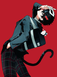  1boy amamiya_ren animal ass bag black_eyes black_hair black_jacket black_pants cat cat_tail character_charm charm_(object) commentary eye_mask from_behind grey_eyes hand_in_pocket hand_on_own_head hello_kitty highres holding holding_animal holding_cat jacket looking_at_viewer looking_back male_focus mask pants persona persona_5 plaid_clothes plaid_pants red_background sanrio sava_9990 school_bag school_uniform short_hair shoulder_bag shuujin_academy_school_uniform simple_background solo tail untranslatable_commentary 