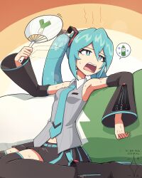  1girl armpits artist_name bare_shoulders black_boots black_skirt black_sleeves black_thighhighs blue_eyes blue_hair blue_necktie boots breasts bright_pupils collared_shirt commentary_request dated detached_sleeves digiral double-parted_bangs grey_shirt hair_between_eyes hand_fan hatsune_miku hatsune_miku_(vocaloid6) highres holding holding_fan hot long_hair long_sleeves miniskirt necktie open_mouth orange_background shirt sitting skirt sleeveless sleeveless_shirt small_breasts solo spoken_object sweat teeth thigh-highs upper_teeth_only vegetable_juice vocaloid white_pupils 