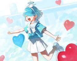  1girl absurdres arona_(blue_archive) balloon blue_archive blue_hair blue_shirt bow_hairband braid choker closed_eyes commentary_request dokomon hair_over_one_eye hairband halo heart heart_balloon highres korean_commentary medium_hair multicolored_hair open_mouth outstretched_arms pink_hair ribbon sailor_collar school_uniform shirt shoes short_braid short_hair short_sleeves skirt smile solo spread_arms standing standing_on_one_leg swept_bangs teeth upper_teeth_only white_choker white_hairband white_ribbon white_sailor_collar white_shoes white_skirt 