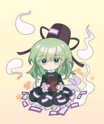  1girl black_hat closed_mouth commentary_request cross-laced_clothes full_body ghost green_eyes green_hair hat highres jar looking_at_viewer ofuda ofuda_on_clothes short_hair simple_background soga_no_tojiko solo tate_eboshi touhou tsukumosuki99 yellow_background 