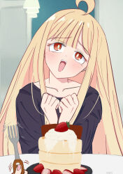  2girls ahoge bad_id bad_twitter_id black_shirt blonde_hair brown_eyes cho_kaguya-hime! commentary_request female_pov food fruit highres kaguya_(cho_kaguya-hime!) long_hair mikage_tsuki multiple_girls open_mouth pancake pink_nails pov sakayori_iroha shirt solo_focus souffle_pancake strawberry 
