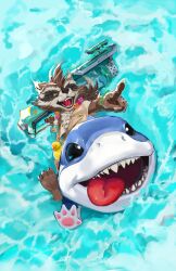  2boys absurdres animal_ears barefoot barmqh claws commentary english_commentary fangs furry furry_male gun highres holding holding_gun holding_weapon jeff_the_land_shark male_focus marvel marvel_rivals multiple_boys official_alternate_costume open_mouth over_shoulder pawpads pointing pointing_forward raccoon_boy raccoon_ears riding_shark rocket_raccoon rocket_raccoon_(sunshine_raccoon) rubber_duck shark_boy smile swimming tongue tongue_out weapon weapon_over_shoulder whiskers 