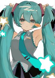  1girl aqua_hair aqua_necktie black_skirt blush_stickers closed_mouth grey_shirt hatsune_miku highres holding_own_hair long_hair looking_at_viewer miniskirt mirin_sawa necktie shirt single_blush_sticker skirt sleeveless sleeveless_shirt solo star_(symbol) twintails upper_body very_long_hair vocaloid 