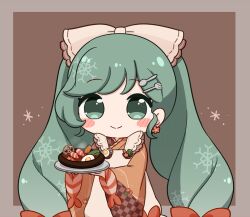  1girl apron blush_stickers border bow bowl brown_background brown_kimono checkered_clothes checkered_kimono chibi chibi_only closed_mouth commentary_request egg_(food) food fork_hair_ornament green_eyes green_hair grey_border hair_bow hair_ornament hatsune_miku highres holding holding_plate japanese_clothes kimono long_hair long_sleeves nukotun outside_border plate red_bow simple_background smile solo spoon_hair_ornament swept_bangs twintails upper_body very_long_hair vocaloid white_apron white_bow wide_sleeves yuki_miku yuki_miku_(2024) 