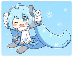  1girl :d ;d ahoge blue_eyes blue_hair blue_necktie blush_stickers chibi chibi_only commentary_request detached_sleeves double-parted_bangs full_body hatsune_miku long_hair mittens necktie nukotun one_eye_closed open_mouth smile snowman solo twintails very_long_hair vocaloid white_mittens yuki_miku yuki_miku_(2011) 