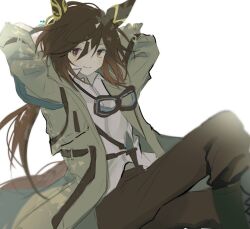  1girl animal_ears arms_behind_head black_shoes bloom brown_eyes brown_hair brown_pants coat collared_shirt commentary_request dappled_sunlight dot_nose ear_covers feather_hair_ornament feathers goggles goggles_around_neck hair_between_eyes hair_ornament horse_ears horse_girl horse_tail knee_up korean_commentary long_hair looking_at_viewer low_ponytail mikinack multicolored_hair pants ponytail shirt shoes simple_background smile solo stay_gold_(sunlit_outsider)_(umamusume) stay_gold_(umamusume) streaked_hair sunlight tail teeth umamusume white_background white_shirt white_streaks yellow_coat 