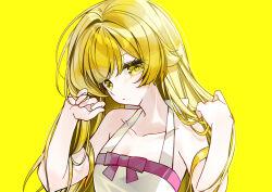  1girl absurdres bare_shoulders blonde_hair closed_mouth commentary_request dress highres long_hair looking_at_viewer monogatari_(series) oshino_shinobu pien_(usagi_suki) simple_background smile vampire yellow_background yellow_eyes 