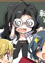  1boy 2girls adjusting_eyewear belt black_hair black_pants black_shoes blonde_hair blue_eyes blue_hair blush chalkboard character_request chibi chibi_only coke-bottle_glasses collared_shirt commentary_request cropped eyeball glasses hanabana_tsubomi holding holding_eyeball long_hair male_focus medium_hair michael_roa_valdamjong multiple_girls navel official_art open_clothes open_mouth open_shirt pants shirt shoes smile sparkle talking tsukihime type-moon_gakuen_chibichuki! violet_eyes wavy_hair white_shirt 