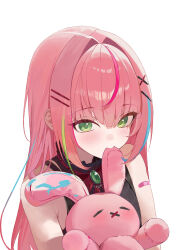  1girl bandaid bandaid_on_shoulder bare_shoulders black_shirt bow bowtie brooch commentary green_eyes hair_intakes hair_ornament hairclip hanako_nana highres hugging_doll hugging_object jewelry long_hair looking_at_viewer mouth_hold multicolored_hair pink_hair rahwol177 shirt simple_background sleeveless sleeveless_shirt solo stellive streaked_hair stuffed_animal stuffed_rabbit stuffed_toy upper_body virtual_youtuber white_background x_hair_ornament 