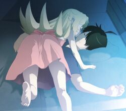  1boy 1girl araragi_koyomi black_hair blonde_hair closed_eyes commentary_request dress highres kikumaru_bunta kiss kissing_cheek light_smile long_hair lying monogatari_(series) on_back oshino_shinobu pink_dress shirt short_hair sleeping smile 