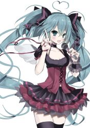  1/6_-out_of_the_gravity-_(vocaloid) 1girl 2000s_(style) :d ahoge angel_wings aqua_eyes aqua_hair black_shirt blush bow corset cowboy_shot crossed_bangs faux_retro_artstyle frilled_skirt frilled_sleeves frills hair_between_eyes hair_bow hands_up hatsune_miku heart heart_ahoge highres holding holding_microphone index_finger_raised kasukasugom1 layered_skirt long_hair looking_at_viewer microphone open_mouth pink_corset pink_nails pink_ribbon pink_skirt puffy_short_sleeves puffy_sleeves purple_bow purple_skirt purple_thighhighs purple_wrist_cuffs ribbon shirt short_sleeves simple_background singing single_wrist_cuff skirt smile solo thigh-highs twintails very_long_hair white_background white_wings wings wrist_cuffs 