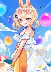  1girl animal_ears balloon beach bikini blonde_hair blue_bikini blue_bow blue_eyes blue_sky blush bow dress eyewear_on_head flower folded_twintails hair_bow hair_flower hair_ornament highres indie_virtual_youtuber looking_at_viewer miwiichi outdoors pink-tinted_eyewear rabbit_ears rabbit_girl rabbit_tail scrunchie sky solo sundress sunglasses swimsuit tail tinted_eyewear virtual_youtuber white-framed_eyewear white_dress white_flower wrist_scrunchie yenko_(vtuber) 