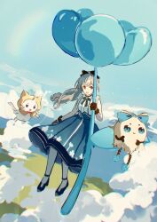  1girl absurdres ahoge animal bare_arms bare_shoulders black_bow black_bowtie black_gloves black_shoes blue_flower blue_skirt blue_sky bow bowtie brown_eyes cat chinese_commentary cloak clothed_animal clouds commentary_request dot_nose ear_covers eyelashes floating_hair floral_memory_(infinity_nikki) floral_print flower flying frilled_shirt frills full_body gloves grey_hair grey_pantyhose hair_bow happy high-waist_skirt high_heels highres himawari901 hood hood_up hooded_cloak in_bubble infinity_nikki light_particles long_hair looking_at_viewer medium_skirt momo_(nikki) nikki_(series) open_mouth oversized_flower pantyhose piecey pleated_skirt ponytail print_skirt pumps rainbow red_bow red_bowtie shirt shoes sitting skirt sky sleeveless sleeveless_shirt smile traditional_bowtie v-shaped_eyebrows wavy_hair whiskers white_cat white_shirt wind x_navel yellow_cloak 
