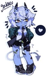  1girl black_necktie black_shorts black_skirt blue_skin breasts collared_shirt colored_skin commentary demon_girl demon_tail english_commentary full_body grey_hair grin halftone hands_on_own_hips heart highres horns jacket long_sleeves necktie notice_lines ny_000a open_clothes open_jacket orange_eyes outline pointy_ears shirt shoes short_hair shorts skirt smile sneakers solo soukaku_(zenless_zone_zero) speech_bubble spoken_heart standing tail teeth white_outline white_shirt zenless_zone_zero 