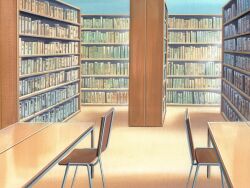  blue_sky book bookshelf chair colored_pencil_(medium) day door film_grain game_asset indoors library mahou_senshi_(series) mahou_senshi_princess_tear no_humans non-web_source official_art painting_(medium) scenery self-datamine sky sunlight table traditional_media wooden_chair wooden_table 